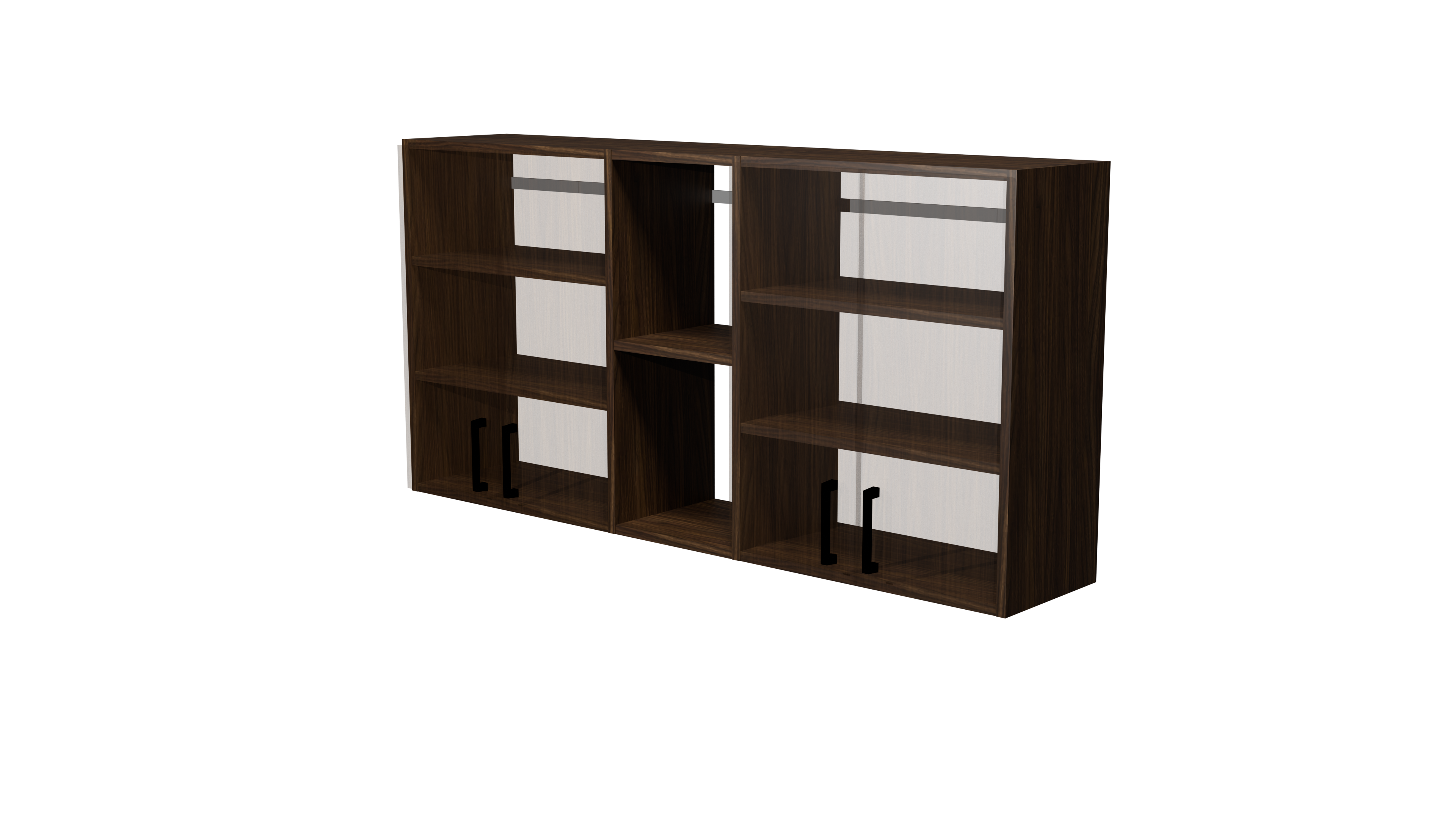 Upper cabinets with transparent doors showing interior storage